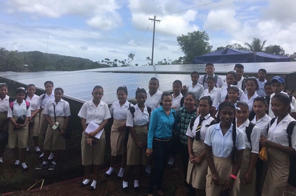 Students in front of the solar plants in Mabarum, Guyana.